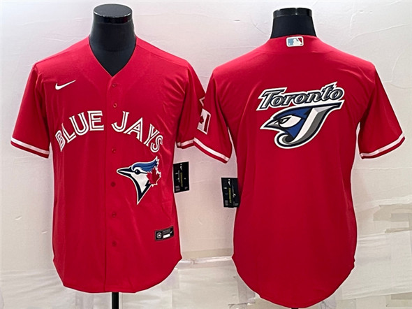 Men's Toronto Blue Jays Red Team Big Logo Cool Base Stitched Baseball Jersey - Click Image to Close